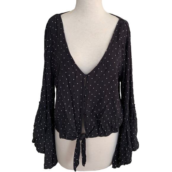 Billabong Lust Wild Blouse Top Flared Sleeve Black Polka Dot Button Down Tie L - Picture 4 of 8